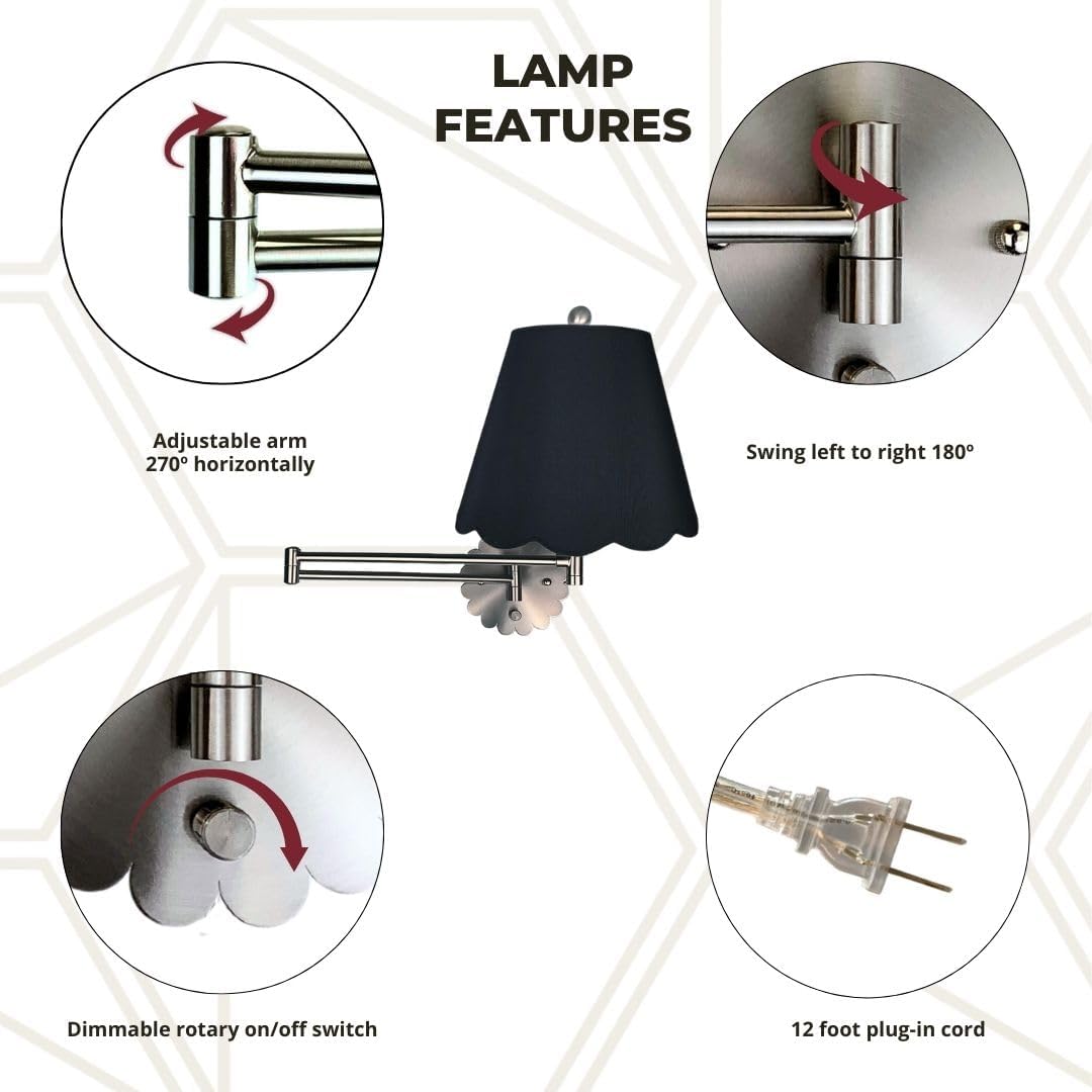 Royal Designs, Inc. Set of 2 Scalloped Swing-Arm Dimmable Wall Lamp - Brushed Nickel Lamp with Black Scallop Hardback Lampshade