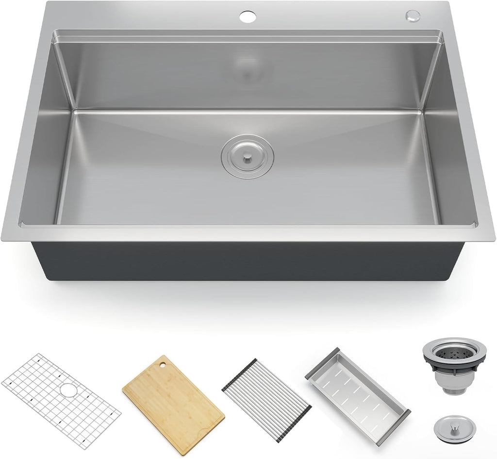 Senfot 30 Inch Drop In Kitchen Sink, Topmount Kitchens Bar Sink with Single-tier Track, Stainless Steel Single Bowl Sinks with Drain Strainer, Bottom Rise Grid, Full Accessories, Brushed Nickel