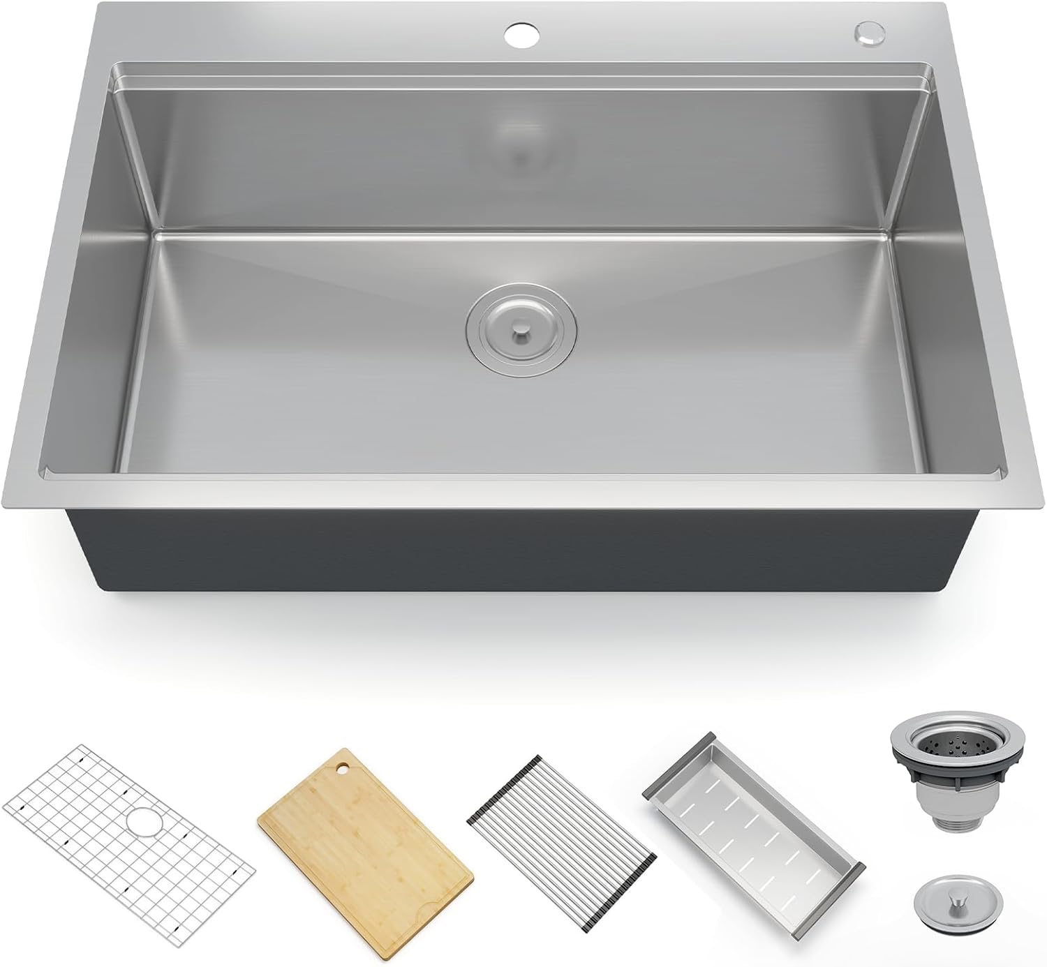 Senfot 30 Inch Drop In Kitchen Sink, Topmount Kitchens Bar Sink with Single-tier Track, Stainless Steel Single Bowl Sinks with Drain Strainer, Bottom Rise Grid, Full Accessories, Brushed Nickel