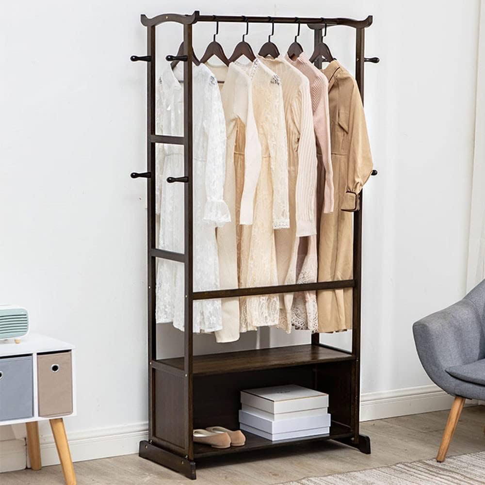 Portable Clothes Racks for Hanging Clothes, Bamboo Garment Rack with 8 Hooks and Lower Storage Shelf for Boxes Shoes Boots, Load 30Kg/a/55 * 39 * 174Cm (B 55*39*174Cm)