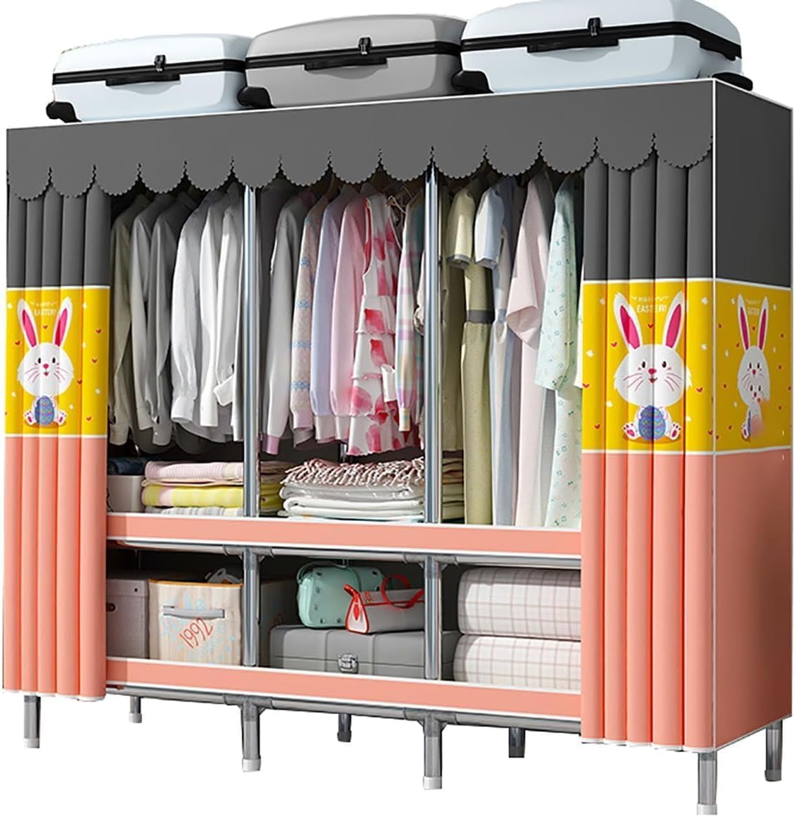 Portable Closet Wardrobe with Cover Metal Garment Rack for Hanging Clothes and Shelves for Bedroom (Color : A, Size : 17