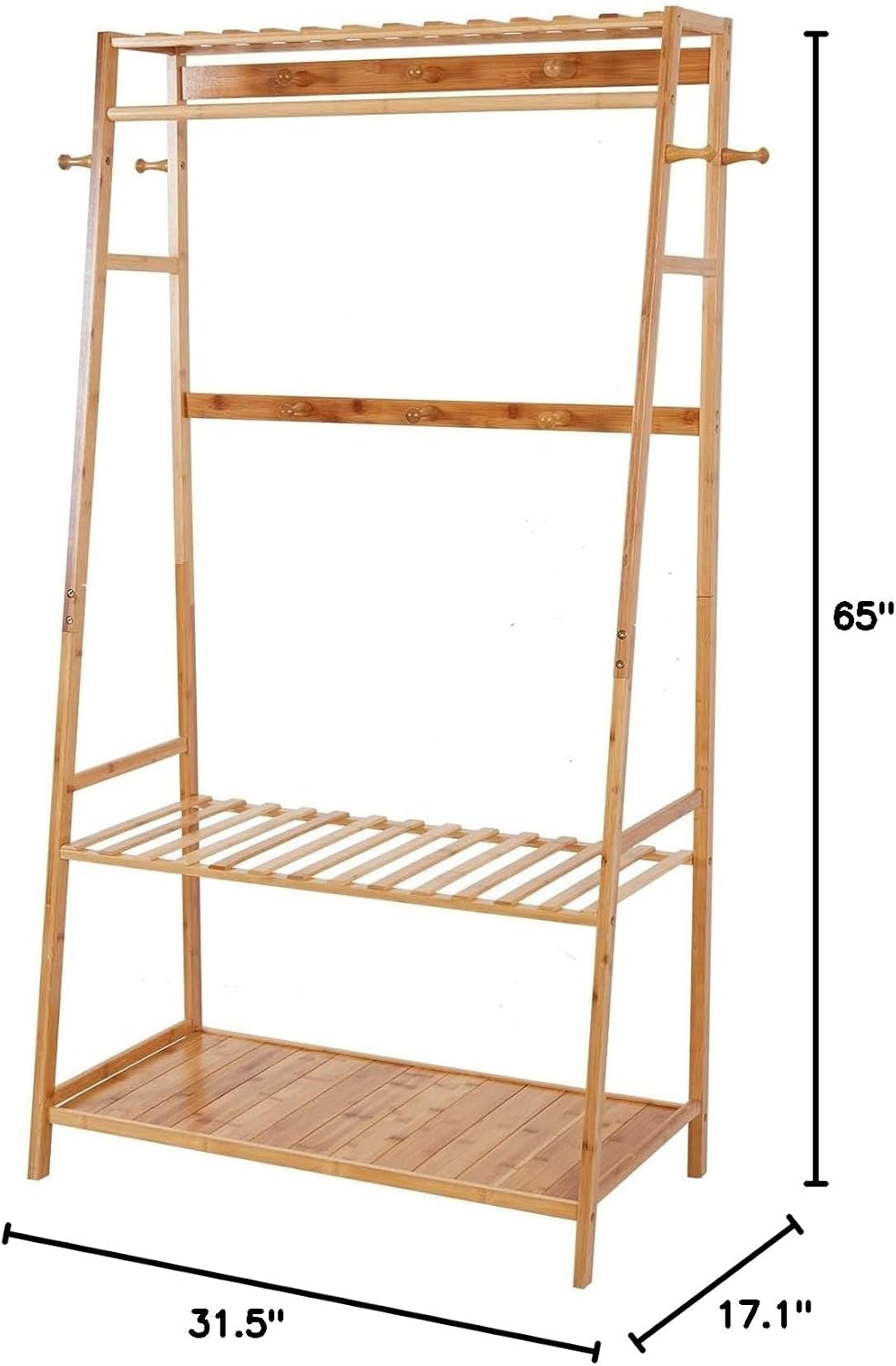 Bamboo Garment Rack Clothes Shelf Shoes Storage with Hooks Brown Wood Finish Includes Hardware