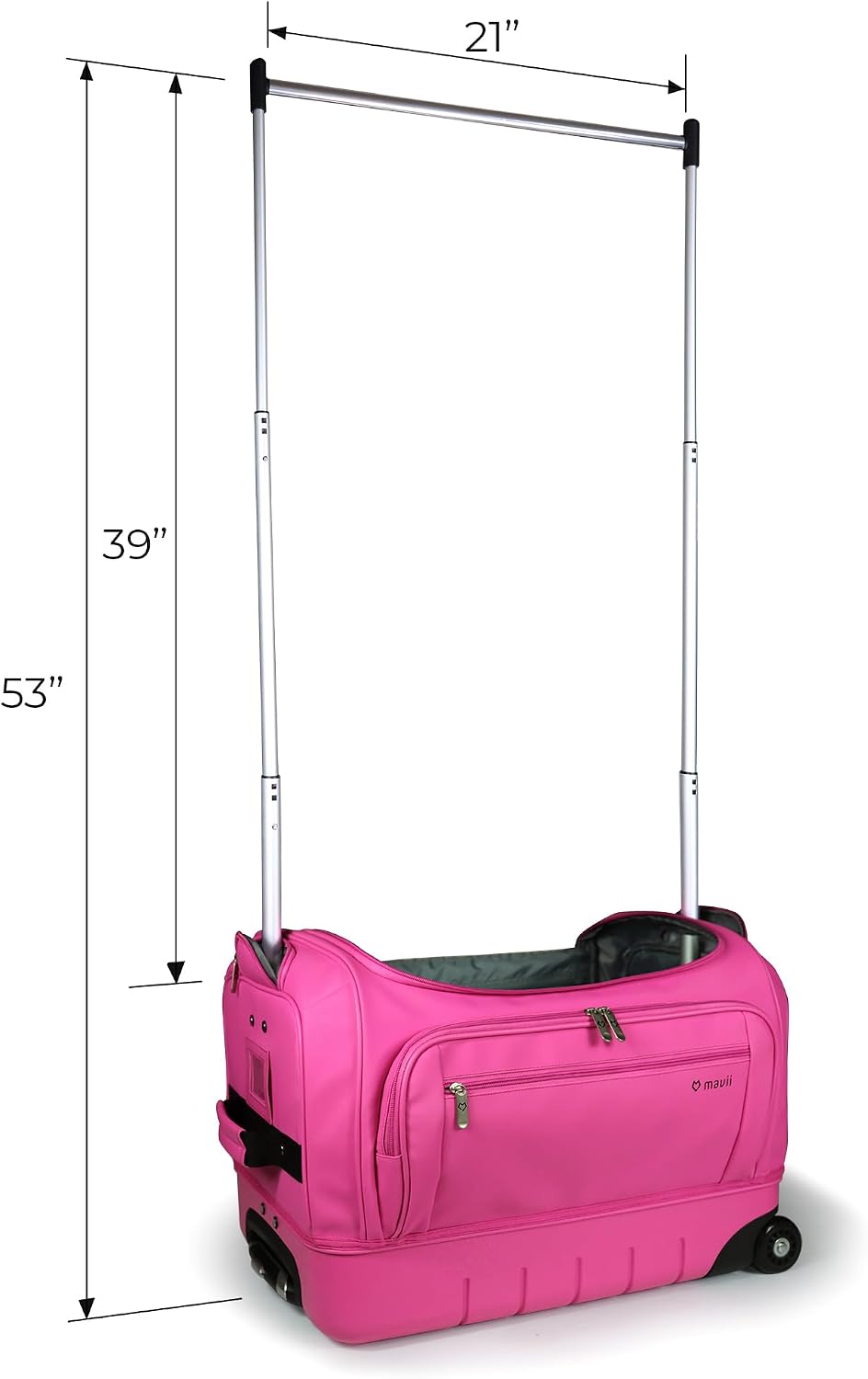 Mavii Dance Bag with Garment Rack, 22 Inch Hardcase Bottom Rolling Duffel for Competitions & Travel, Water-resistant/Wipe-Clean Fabric, Lightweight Aluminum Rack, Wheeled Upright Luggage, Hot Pink