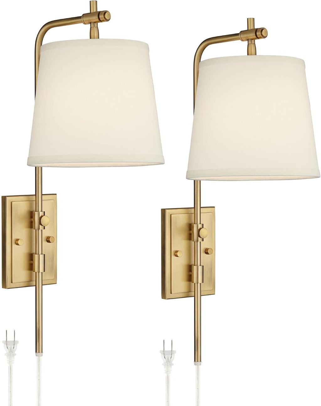 Barnes and Ivy Seline Modern Wall Lamps Set of 2 Warm Gold Metal Plug-in 9' Adjustable Swivel Off-White Linen Drum Shade for Bedroom Living Room Home Hallway Dining Kitchen