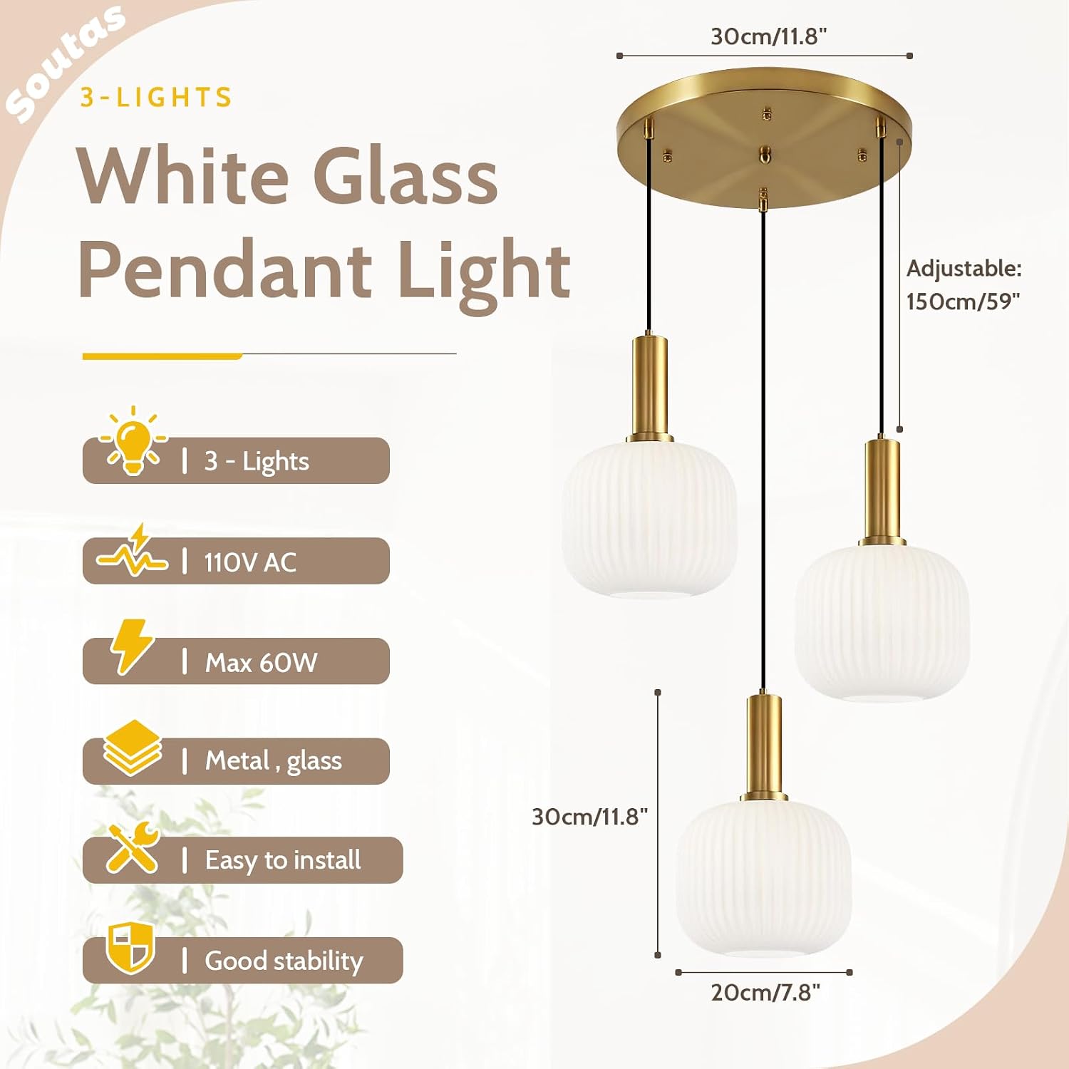 White Glass Pendant Light Fixtures 3-Light Cluster Ceiling Chandelier Milk Striped Globe Shade Adjustable Gold Hanging Light for Bedroom Kitchen Island