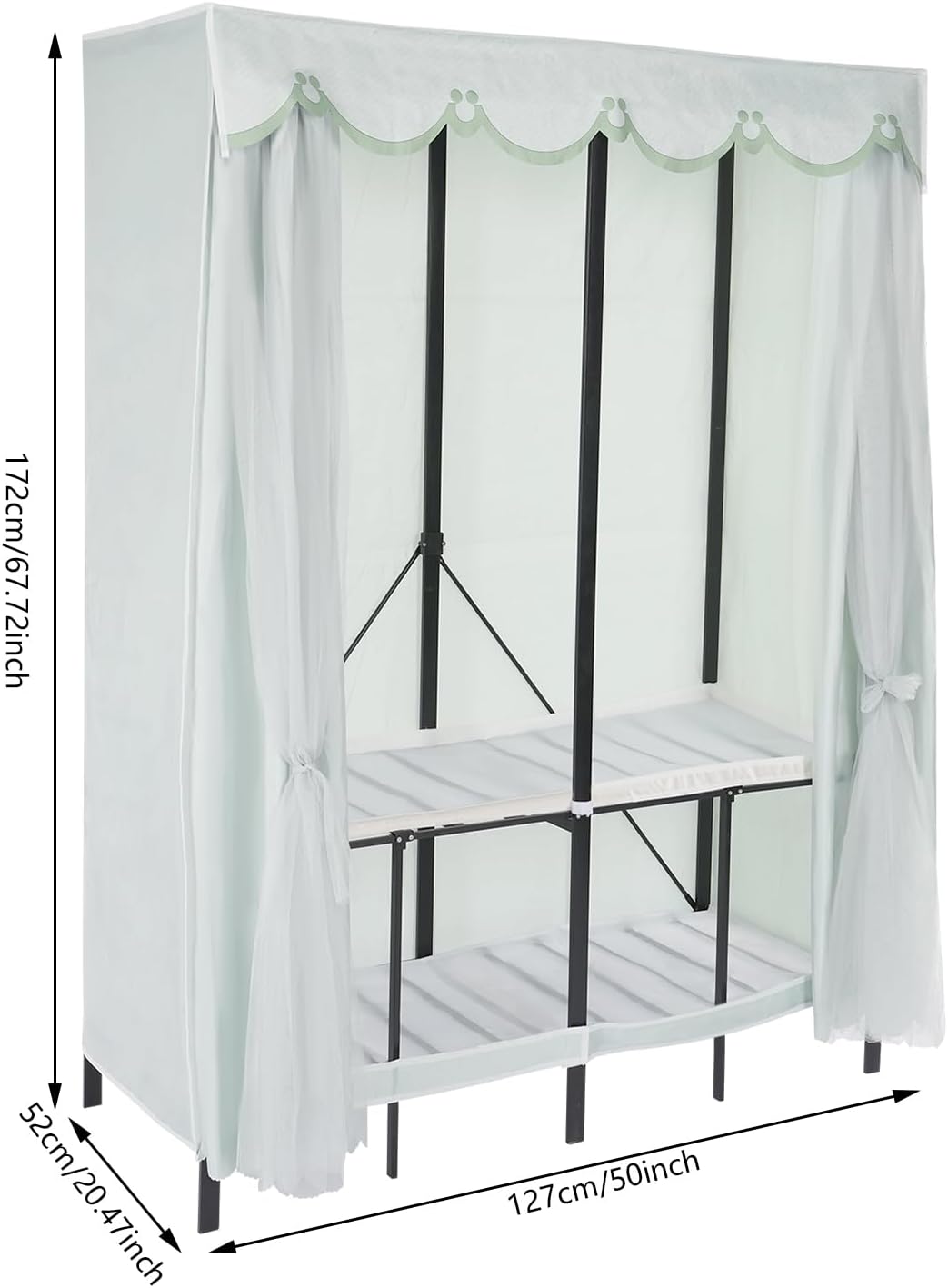 50x20x68 inch Wardrobe Closet Rack with Cover, 1100lbs Capacity Heavy-duty Metal Clothing Coat Storage Rack, Foldable Garment Rack for Hanging Clothes for Bedroom (Green)