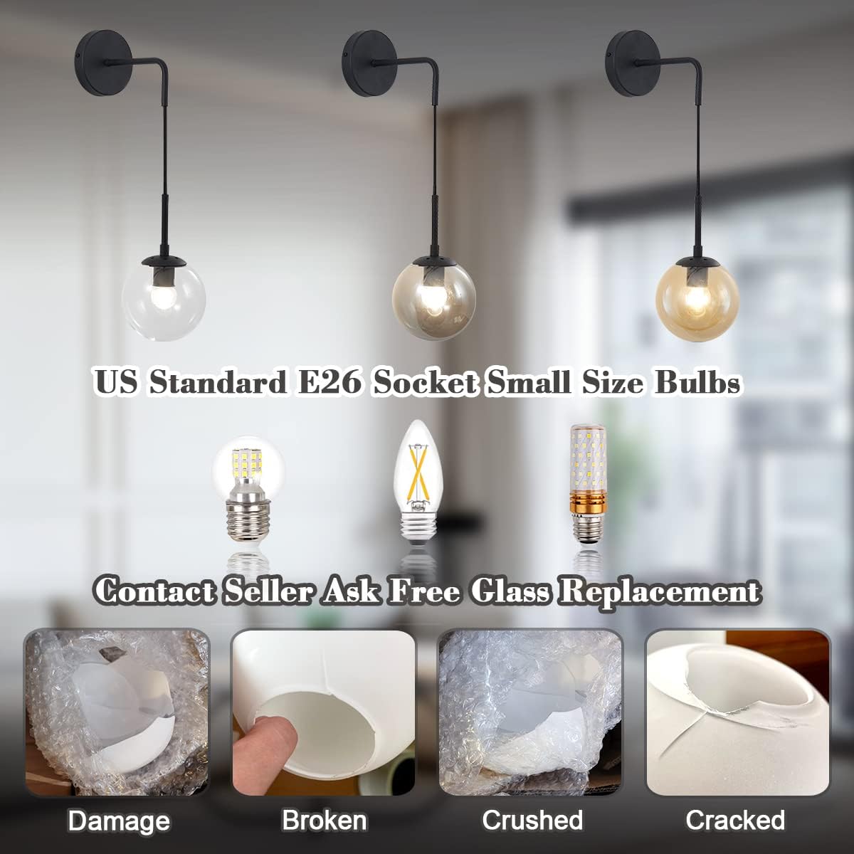 BOKT Matte Black Amber Glass Round Wall Sconce Light Set of Two Mid Century Modern Globe Bathroom Wall Sconce Lamp Set of 2 Farmhouse Industrial Adjustable Bar Wall Light Fixture (Amber)