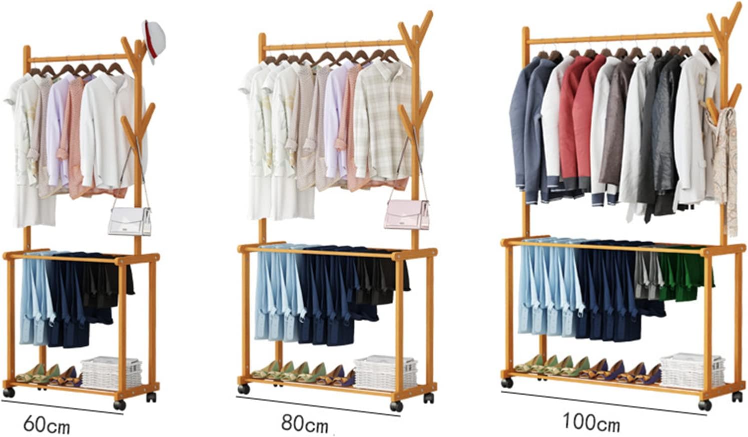 Bamboo Garment Rack, Laundry Clothes Drying Rack, Coat Clothes Hanging Heavy Duty Racks with Top Shelf and Shoe Clothing Storage Organizer Shelves for Bedroom (80cm)