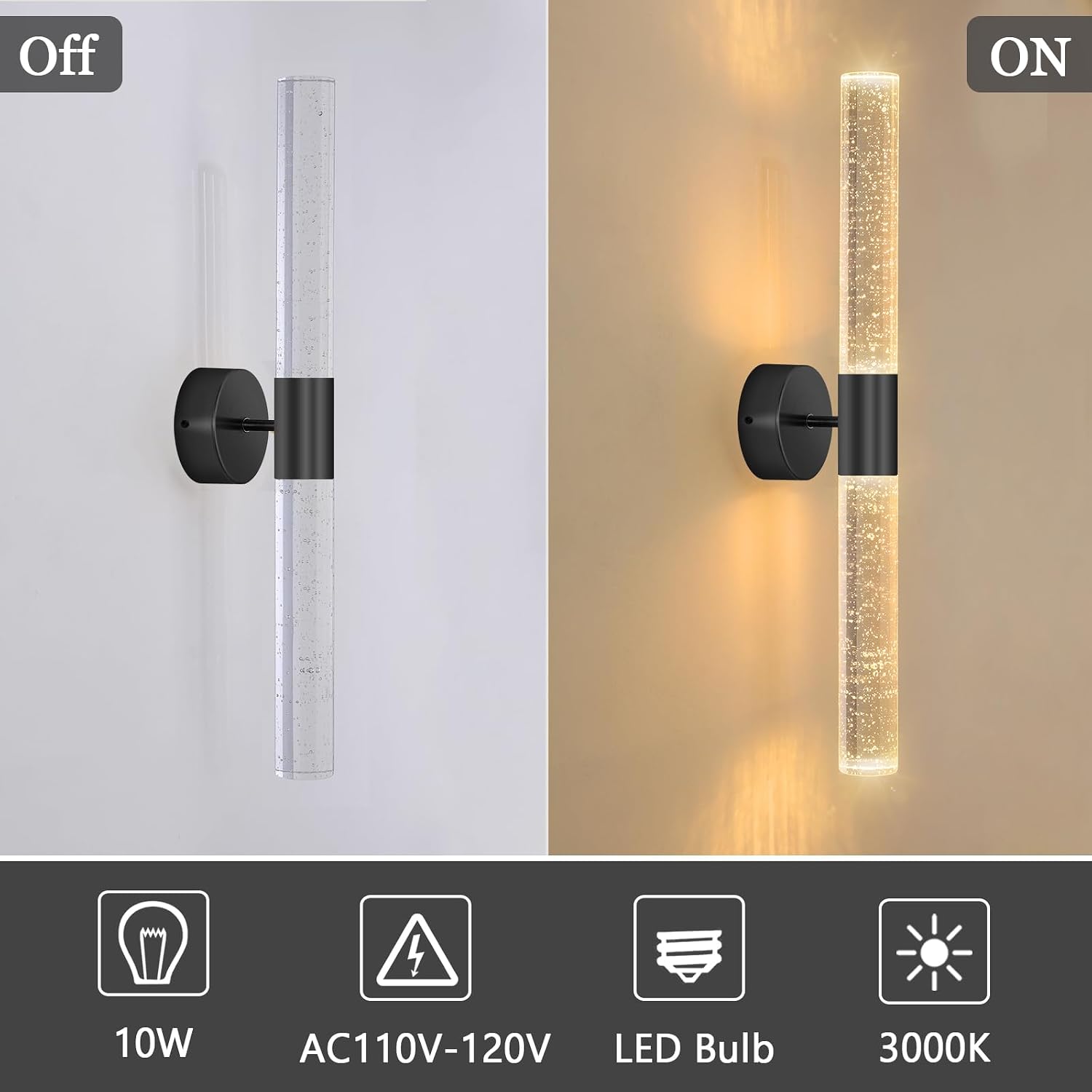 Black Wall Sconces Set of 2 LED Modern Sconces Dining Room Wall Lighting 10W 3000K LED Wall Lights Crystal Hardwired Wall Light Fixtures for Living Room Bedroom Bathroom Hallway