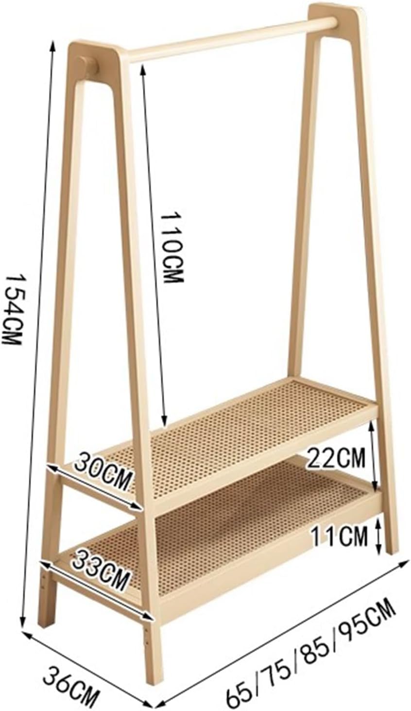 Garment Rack Bamboo Clothing Rack With Hanging Rod, Hooks And 2-Tier Shelves, Space-Saving Clothes Organizer For Clothes, Bags And Shoes, Freestanding Coat Rack For Bedroom, Creamy (Size:75X36X154CM)