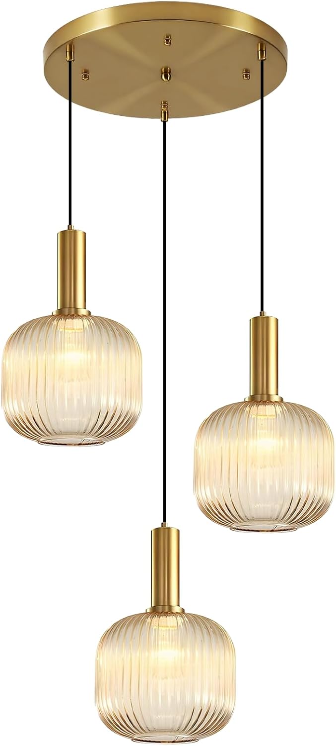 3-Light Gold Cluster Light Fixtures Modern Amber Glass Ceiling Chandelier Lights Brushed Brass Kitchen Island Pendant Light for Corridor Dining Room Entryway Stair