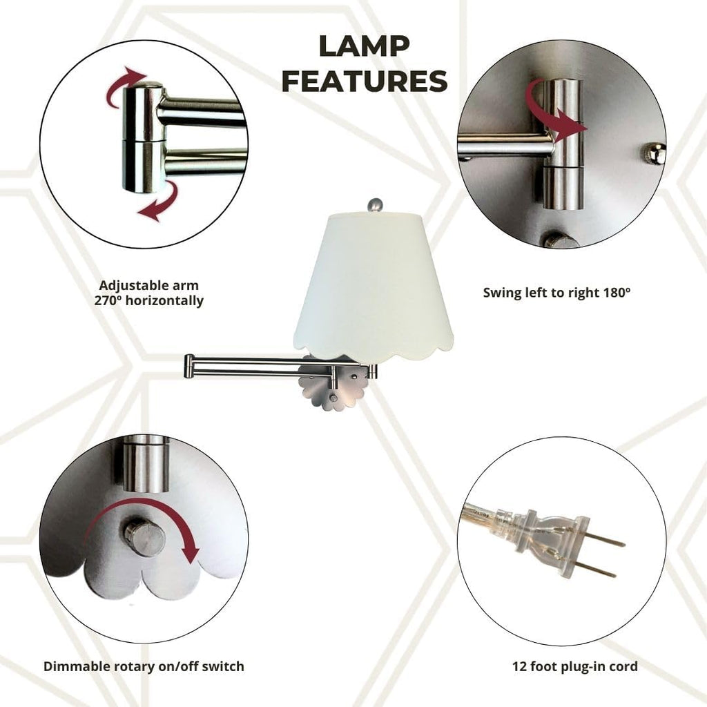 Royal Designs, Inc. Set of 2 Scalloped Swing-Arm Dimmable Wall Lamp - Brushed Nickel Lamp with Linen Eggshell Scallop Hardback Lampshade