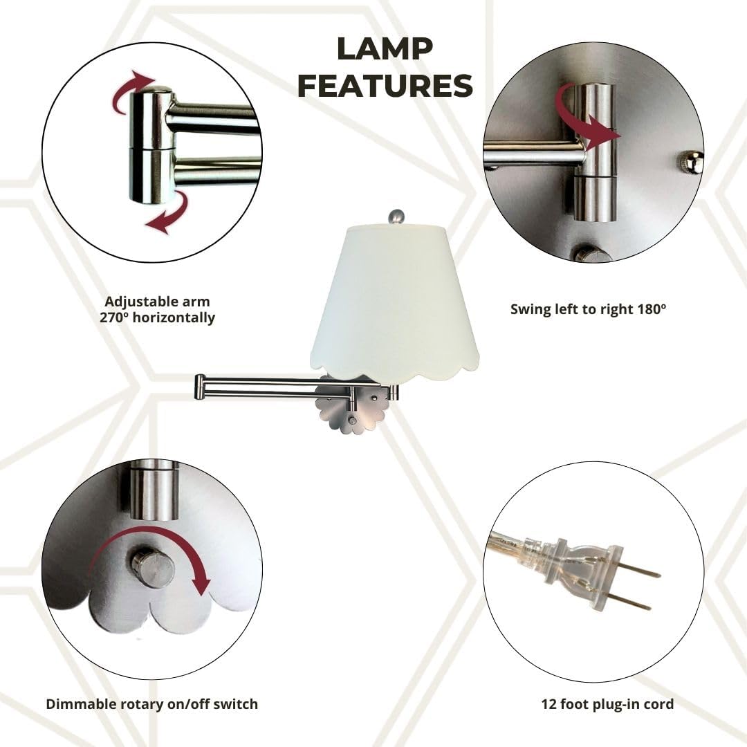 Royal Designs, Inc. Set of 2 Scalloped Swing-Arm Dimmable Wall Lamp - Brushed Nickel Lamp with Linen Eggshell Scallop Hardback Lampshade