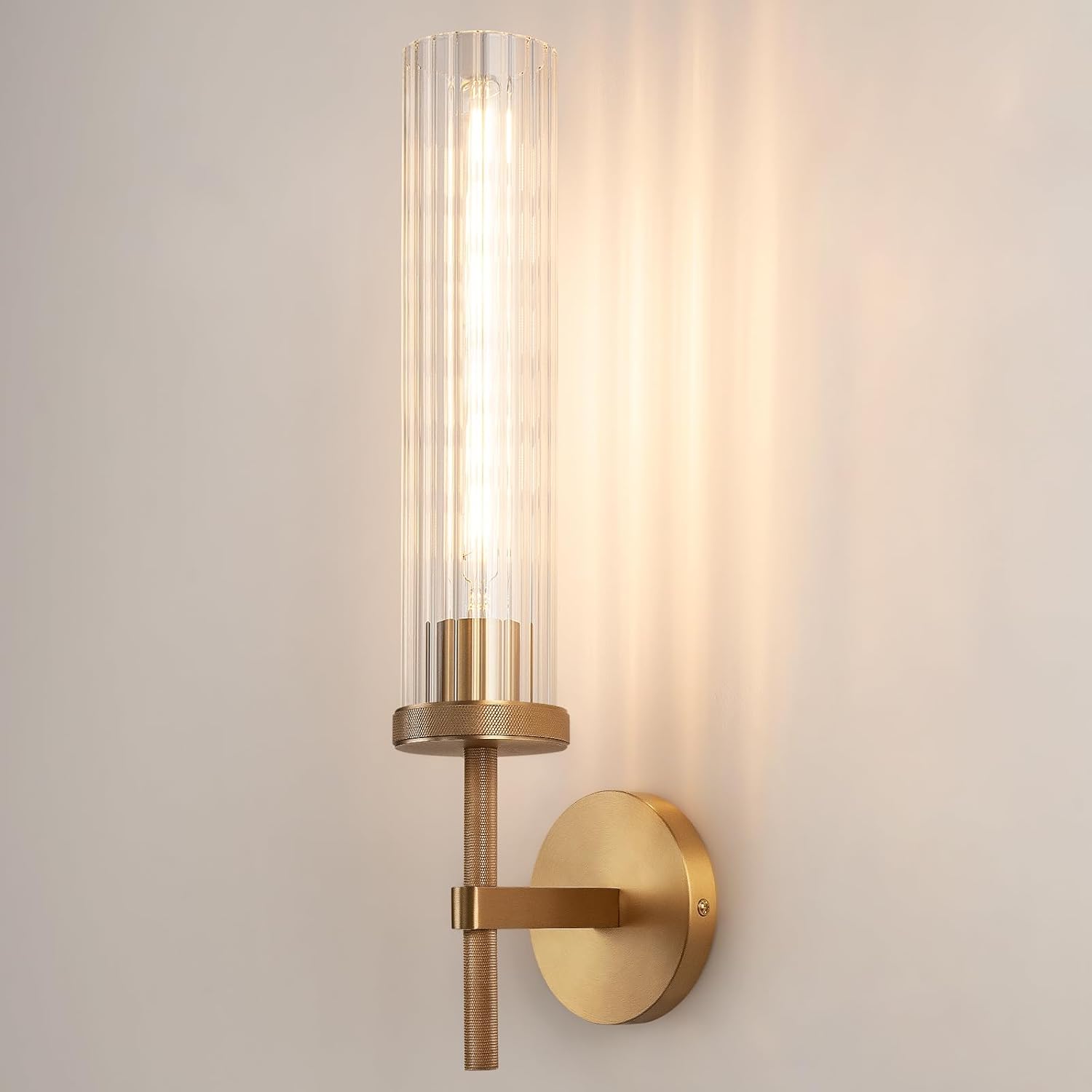 19.5' Knurled Brass Wall Sconce with Vertical Striped Glass Tube, Gold Bathroom Vanity Light Fixtures, Modern Lamp Lighting for Bedroom, Living Room, Hallway, Staircase, Mirror, Kitchen