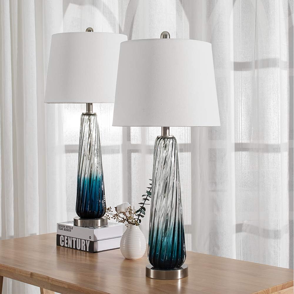 Maxax 29' Coastal Glass Table Lamps Set of 2, Modern Blue Bedside Lamps for Living Room 3 Way Dimmable Tall Glass Bedroom Lamp for Nightstand