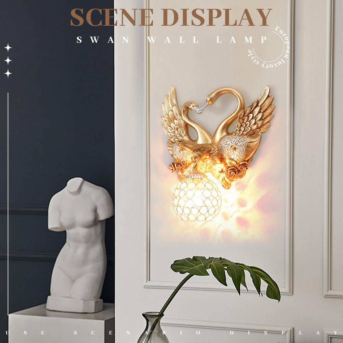 Gold Swan Wall Sconce, Modern Luxury Crystal Wall Lamp, Decorative Wall Lighting for Bedroom Living Room Hallway, Romantic Heart Shaped Wall Mounted Light Fixture, Resin Animal Wall Art Decor