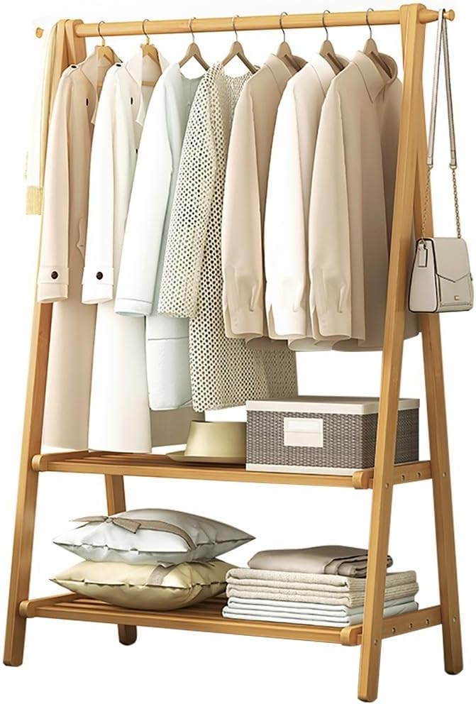 Double Layer Bamboo Clothes Rail with 160cm Height, Lightweight Foldable Garment Rack and Storage Shelf for Bedroom, Versatile Hanging Rail for Coats and Clothes, L:66/86/116CM