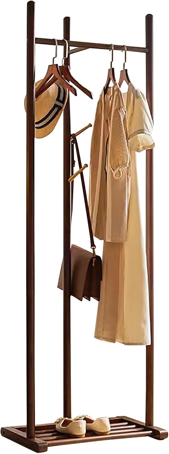 Bamboo Garment Rack, Sturdy Clothing Rack for Hanging Clothes, Clothing Organizer Hat Tree with Storage Shelves and Hanging Hooks, Suitable for Bedroom, Office, Living Room