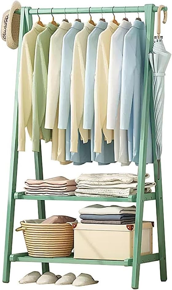 Bamboo Clothes Rack with Double Storage Shelf Hanging Rail for Clothes with 160cm Height Lightweight Foldable Garment Rack for Bedroom 66/86/116CM