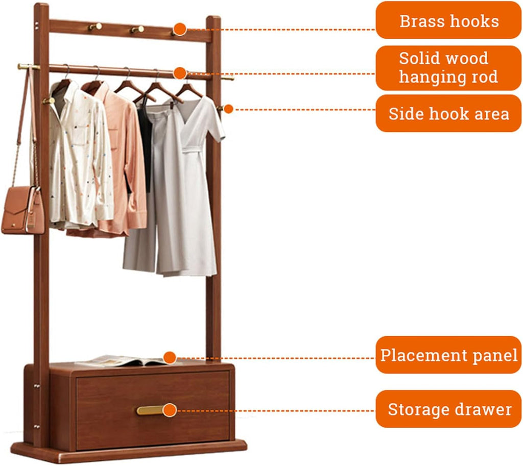 Free Standing Garment Rack Coat Stand with Storage Cabinet, Bamboo Clothes Rail Rack, Portable Open Wardrobe for Hanging Clothes