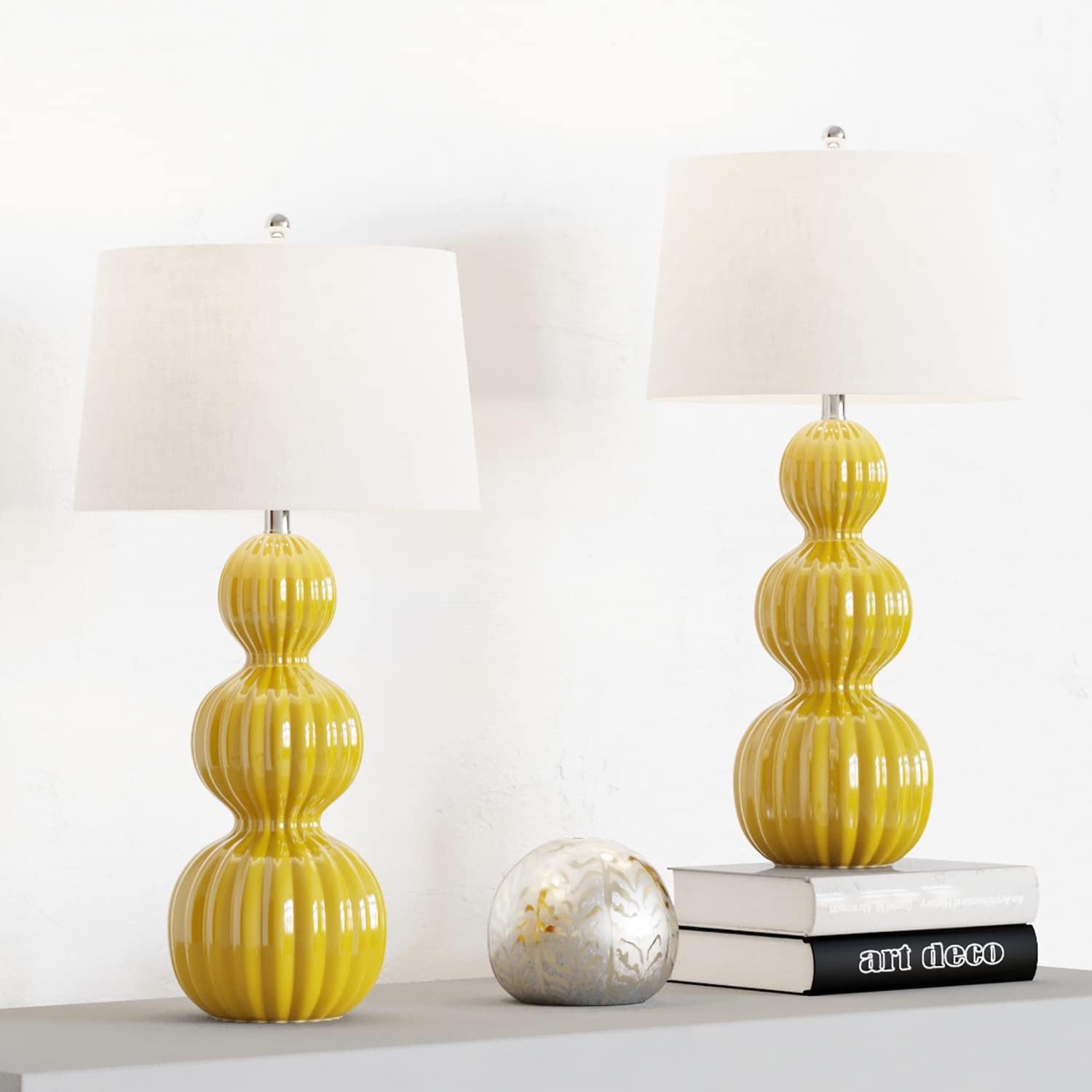 Maxax 28' Ceramic Table Lamps Set of 2, Modern Triple Gourd Bedside Lamps for Bedroom, 3-Way Dimmable Large Yellow Nightstand Lamp with White Drum Shade for Living Room, Office