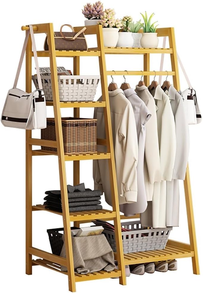 Bamboo Clothes Rail Stand - Freestanding Coat Garment Rack with Hanging Rod, Trapezoid Structure, Open Wardrobe Storage Organiser/B/160 * 40 * 140Cm,A,80 * 40 * 140Cm