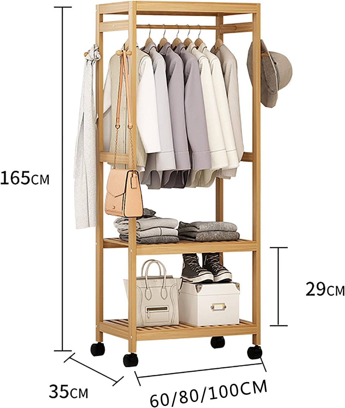 Bamboo Garment Coat Clothes Hanging Heavy Duty Rack with top Shelf and Shoe Clothing Storage Organizer Shelves,with Wheels, for Home Bedroom Entryway