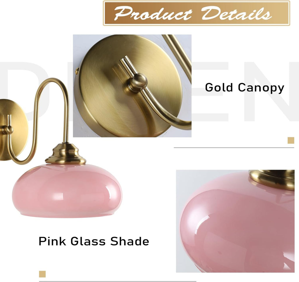 KCO Lighting Pink Wall Sconce Brushed Gold Bathroom Light Fixtures Glass Globe Wall Light Mid Century Modern Wall Sconce Vintage Bathroom Sconces Wall Lighting Set of 2