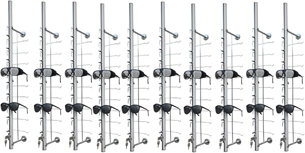 10Pcs Aluminum Sunglass Holder with Lock Wall-Mounted Sunglasses Rack Organizer Storage Eyewear Glasses Display Stand Eyeglass Decorative Display Rod,Hold 9 Frames