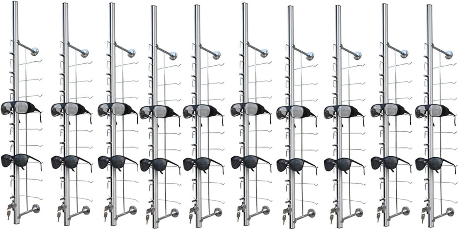 10Pcs Aluminum Sunglass Holder with Lock Wall-Mounted Sunglasses Rack Organizer Storage Eyewear Glasses Display Stand Eyeglass Decorative Display Rod,Hold 9 Frames