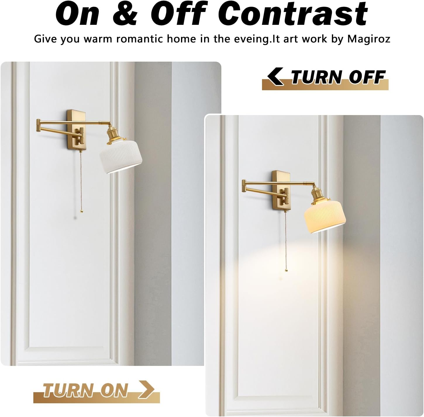Gold Wall Sconces Set of 2 Modern Brass Swing Arm Wall Lamp with Pull Chain Milk GlassLight Fixture for Bedroom Living Room Hallway MWL14B-2