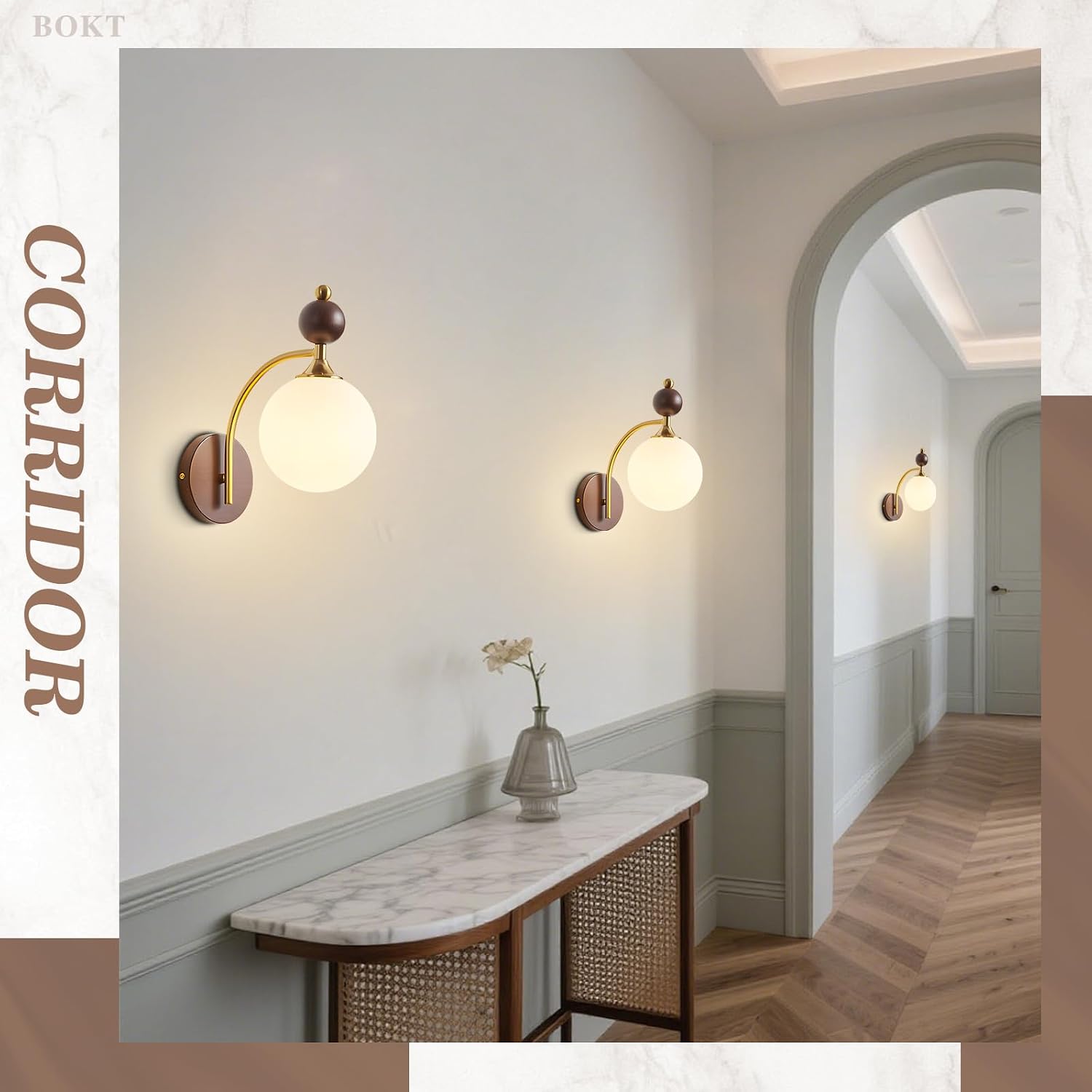 BOKT Wall Sconces Set of Two Hard Wired Vintage Gold and White Lampshade Light Fixtures Dining Room Glass Sconces Set of 2 Beside Wall Mounted Lamp for Kitchen Hallway