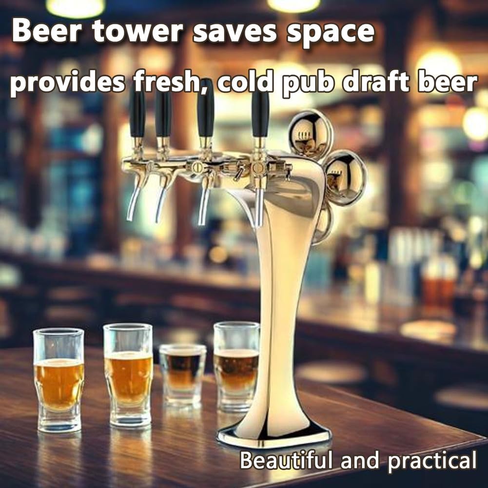 4 Taps Stainless Steel Tower, Pipe Tower Kegerator, with LED Beer Labels, Electroplating Surface (Gold/Sliver),Gold