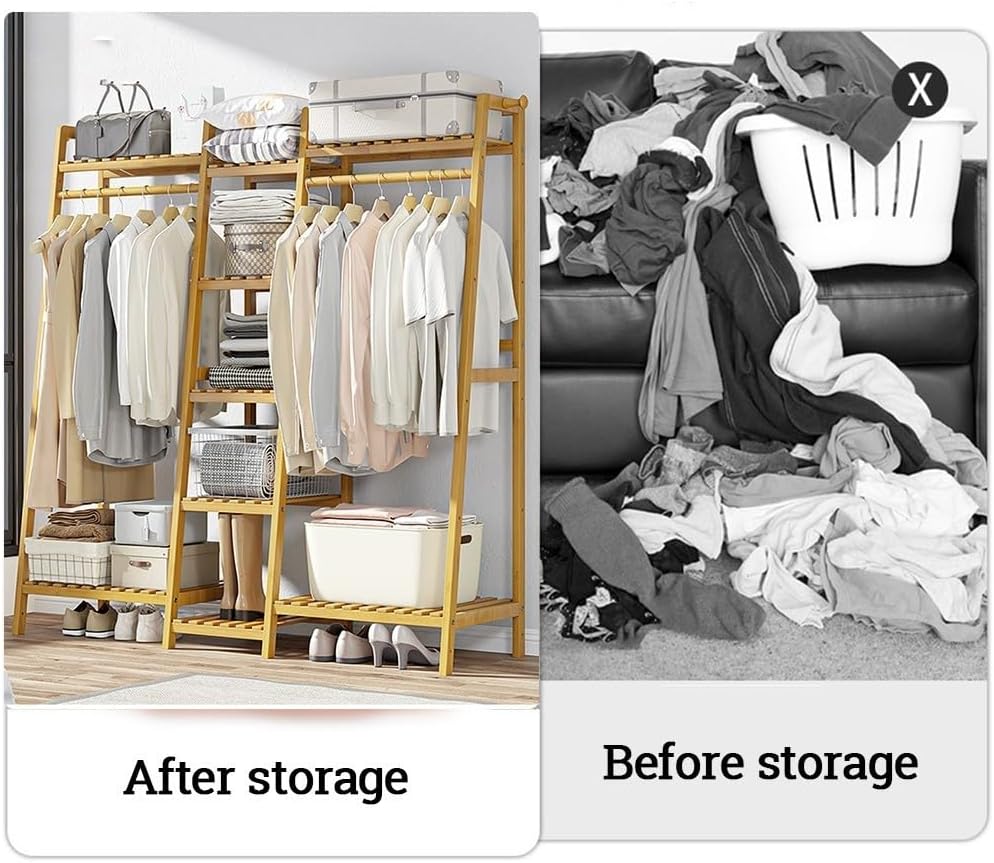 Heavy Duty Clothes Rail, Portable Extra Large Garment Rackwith 5 Partition, Bamboo Coat Rack for Hanging Clothes, Easy to Install for Clothes Shoes Storage
