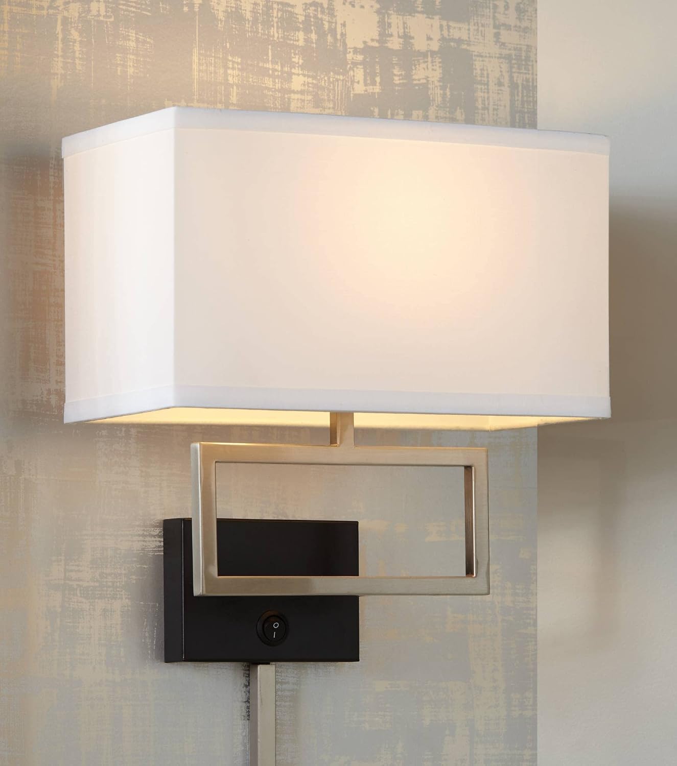 Possini Euro Design Trixie Modern Wall Lamps Set of 2 Brushed Nickel Plug-in 12' Fixture Rectangular Cotton Blend Fabric Shade for Bedroom House Reading Living Room Home
