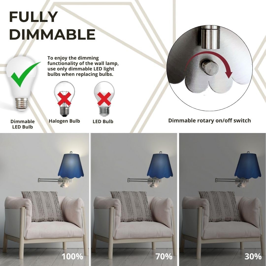 Royal Designs, Inc. Set of 2 Scalloped Swing-Arm Dimmable Wall Lamp - Brushed Nickel Lamp with Navy Blue Scallop Hardback Lampshade