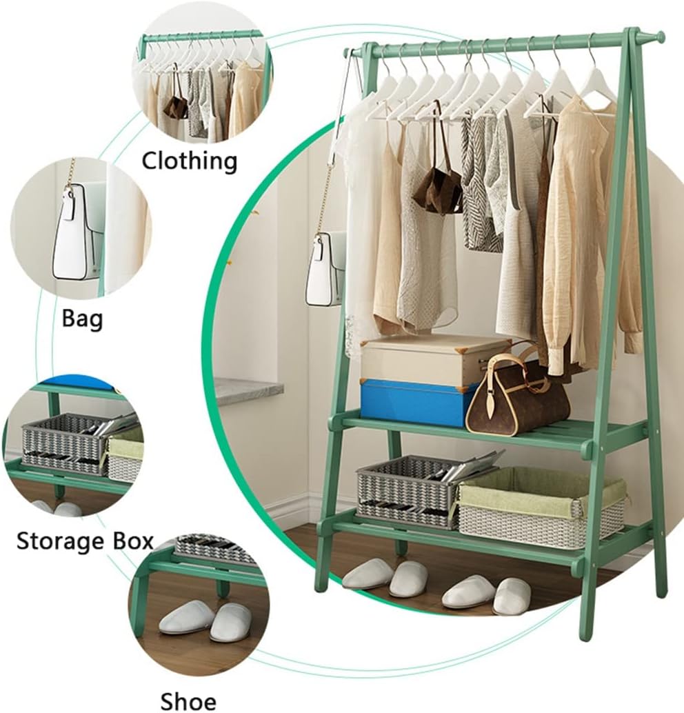 Coat Rack, Bamboo Garment Rack 2 Tier Storage Shelves Clothes Hanging Rack With 2 Side Hooks Clothing Rack Portable Wardrobe Closet Organizer Load Up To 70kg