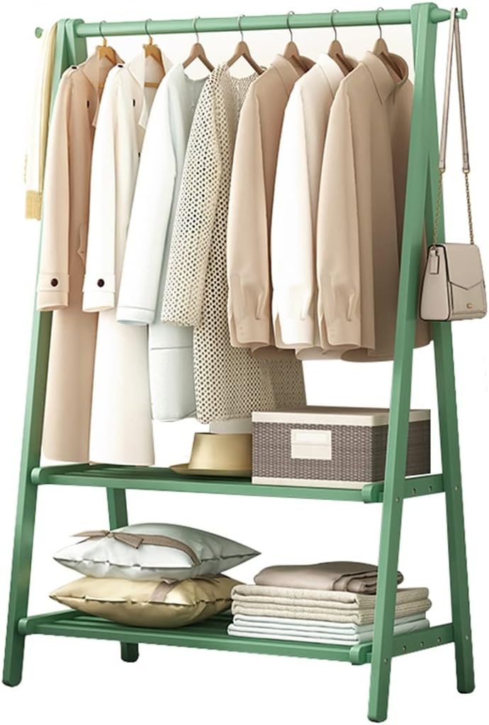 Coat Rack, Bamboo Garment Rack 2 Tier Storage Shelves Clothes Hanging Rack Free-Standing Multifunctional Clothing Rack Portable Wardrobe Closet Organizer Max Load 70kg