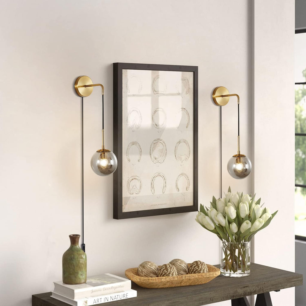 KCO Modern Globe Wall Sconce with Plug in Industrial Vintage Wall Lamp On/Off Switch Adjustable Minimalist 1-Light Mounted Reading Lamps for Bedroom Living Room Corridor(Smoke Gray & 2-Pack)
