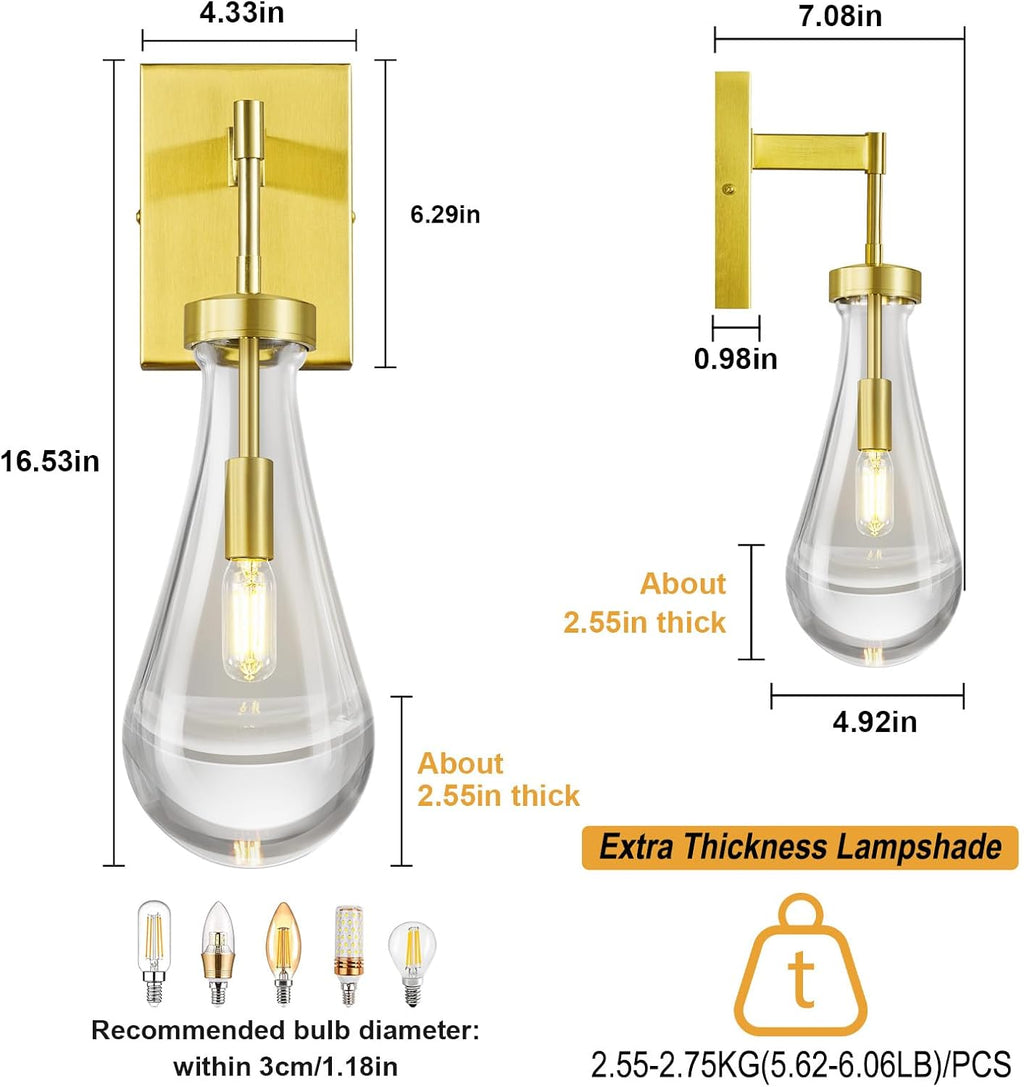 Raindrop Wall Sconces Gold Sconces Wall Decor Modern Wall Lighting Glass Bathroom Sconces Indoor Vanity Light Wall Lamp for Bedroom Living Room Stair (1 Pack)
