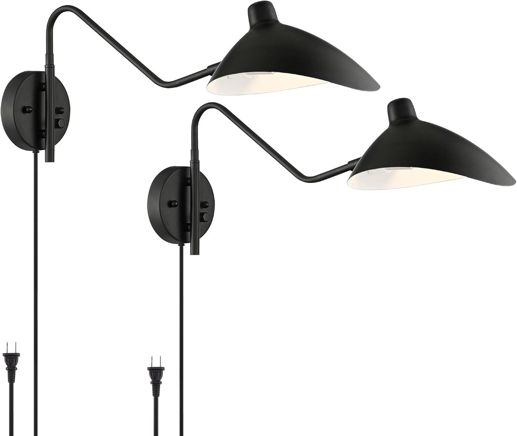 360 Lighting Colborne Modern Swing Arm Wall Lamps Set of 2 Black Plug-in Light Fixture Up Down Swivel Metal Shade for Bedroom Bedside Living Room Reading House