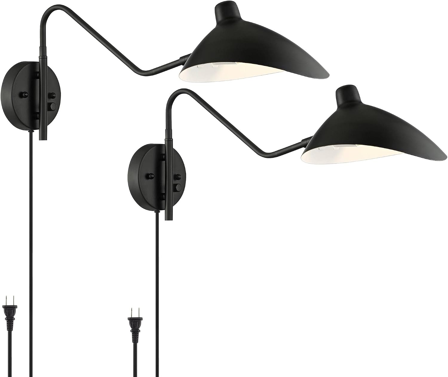 360 Lighting Colborne Modern Swing Arm Wall Lamps Set of 2 Black Plug-in Light Fixture Up Down Swivel Metal Shade for Bedroom Bedside Living Room Reading House