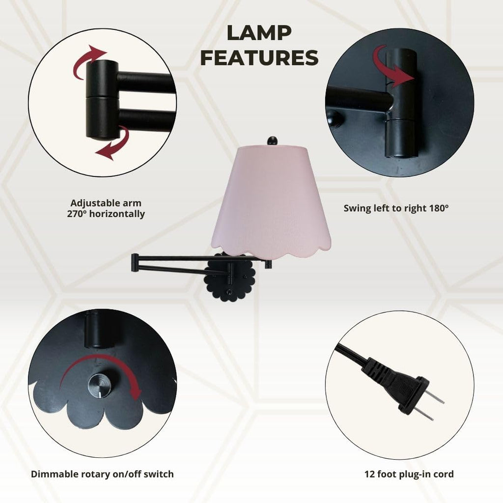 Royal Designs, Inc. Set of 2 Scalloped Swing-Arm Dimmable Wall Lamp - Black Lamp with Pink Scallop Hardback Lampshade