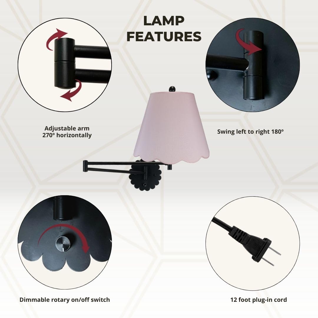 Royal Designs, Inc. Set of 2 Scalloped Swing-Arm Dimmable Wall Lamp - Black Lamp with Pink Scallop Hardback Lampshade