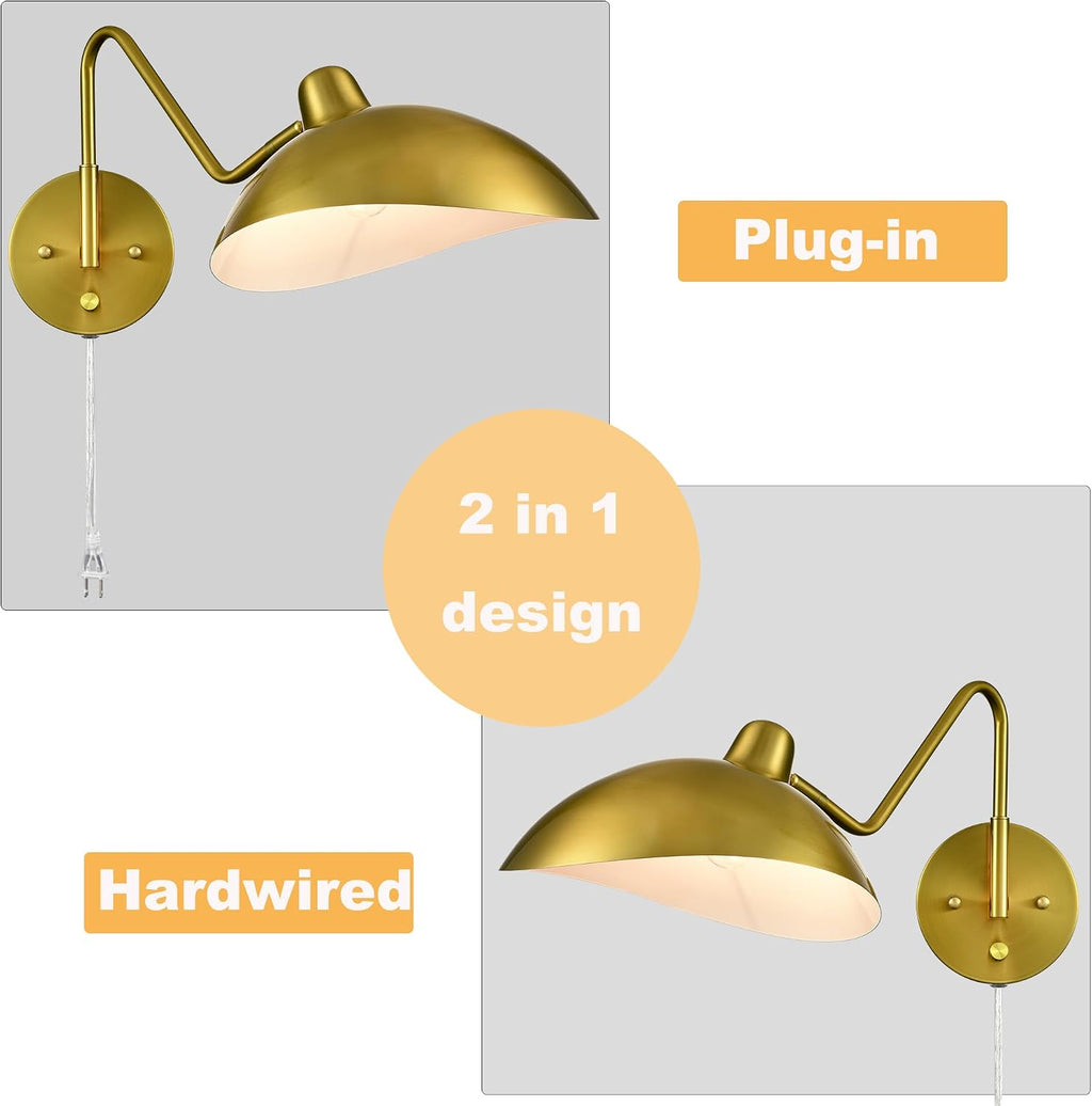 Plug-in Wall Sconce Gold Swing Arm Wall Sconce Brass Wall Lamp with on/Off Switch for Bedroom Set of 2
