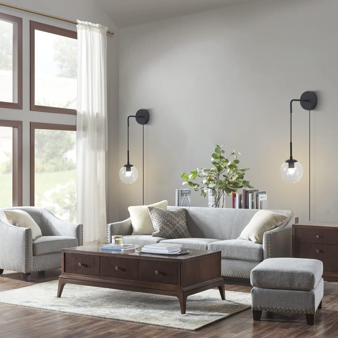 BOKT Mid Century Modern Black Wall Sconce Light Set of Two Plug in Clear Glass Globe Ball Wall Lighting Set of 2 Minimalist Vanity Bathroom Wall Light Lamp Plug in Cord (Clear)