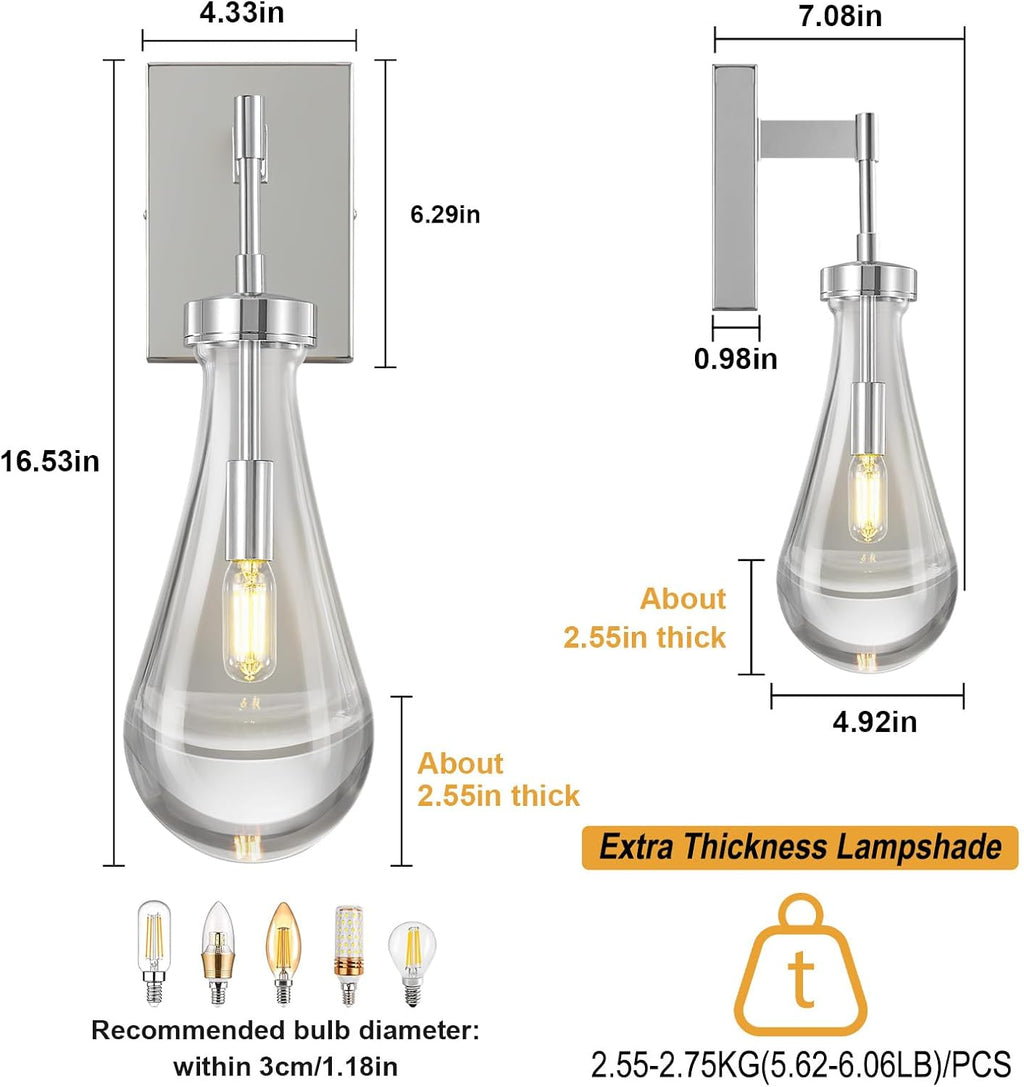 Raindrop Wall Sconces Set of Two Chrome Sconces Wall Decor Modern Wall Lighting Glass Bathroom Sconces Indoor Vanity Light Wall Lamp for Bedroom Living Room Stair