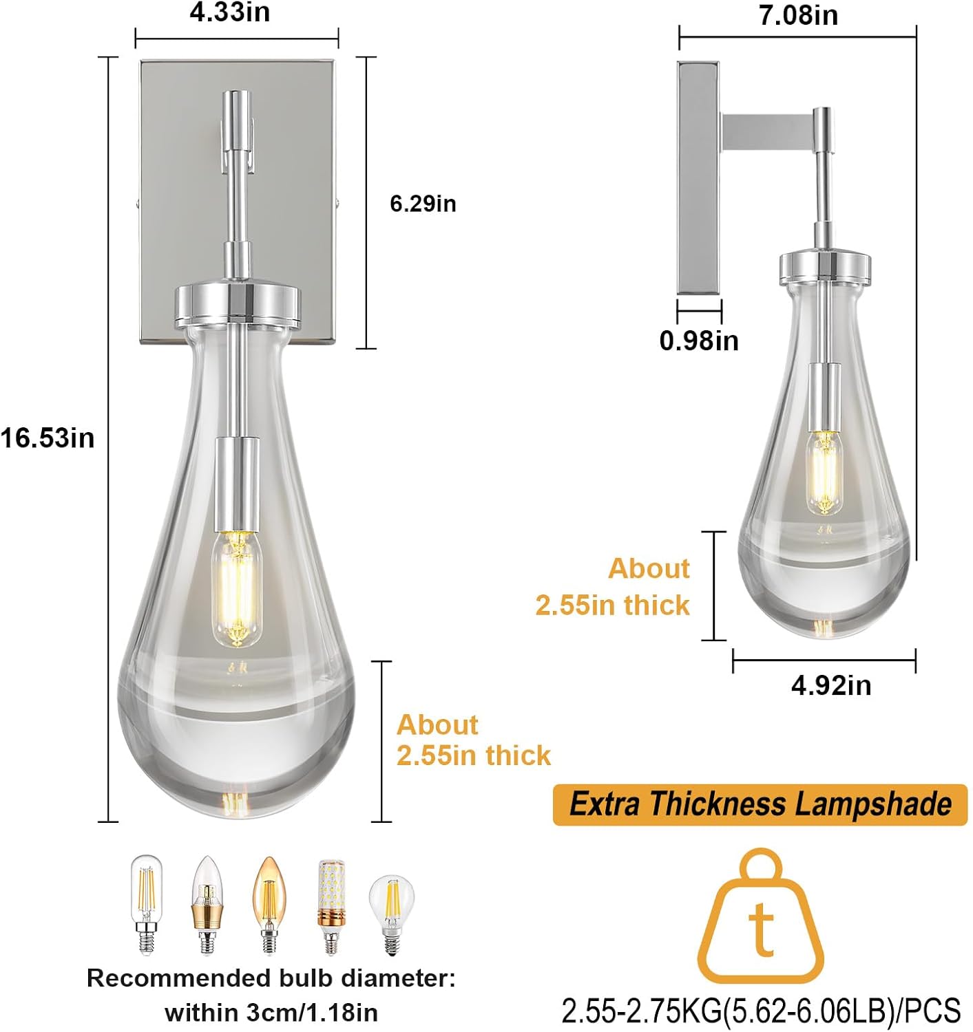 Raindrop Wall Sconces Set of Two Chrome Sconces Wall Decor Modern Wall Lighting Glass Bathroom Sconces Indoor Vanity Light Wall Lamp for Bedroom Living Room Stair