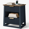 HIFYOBRO Fluted End Table with Charging Station and Motion Sensor Light, Modern Blue Side Table with 2 Drawers and Storage Shelf for Living Room, Bedroom, Guest Room
