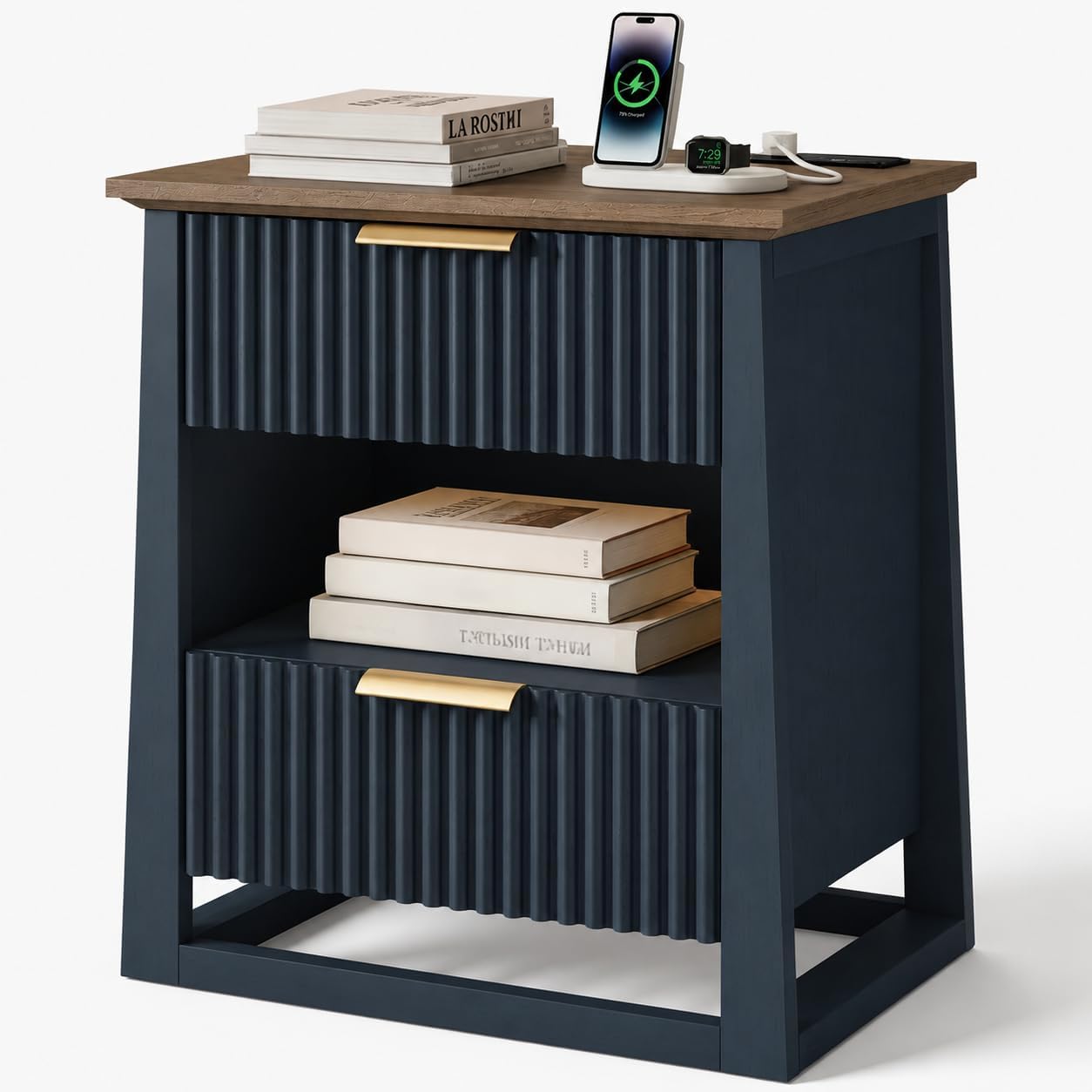 HIFYOBRO Fluted End Table with Charging Station and Motion Sensor Light, Modern Blue Side Table with 2 Drawers and Storage Shelf for Living Room, Bedroom, Guest Room